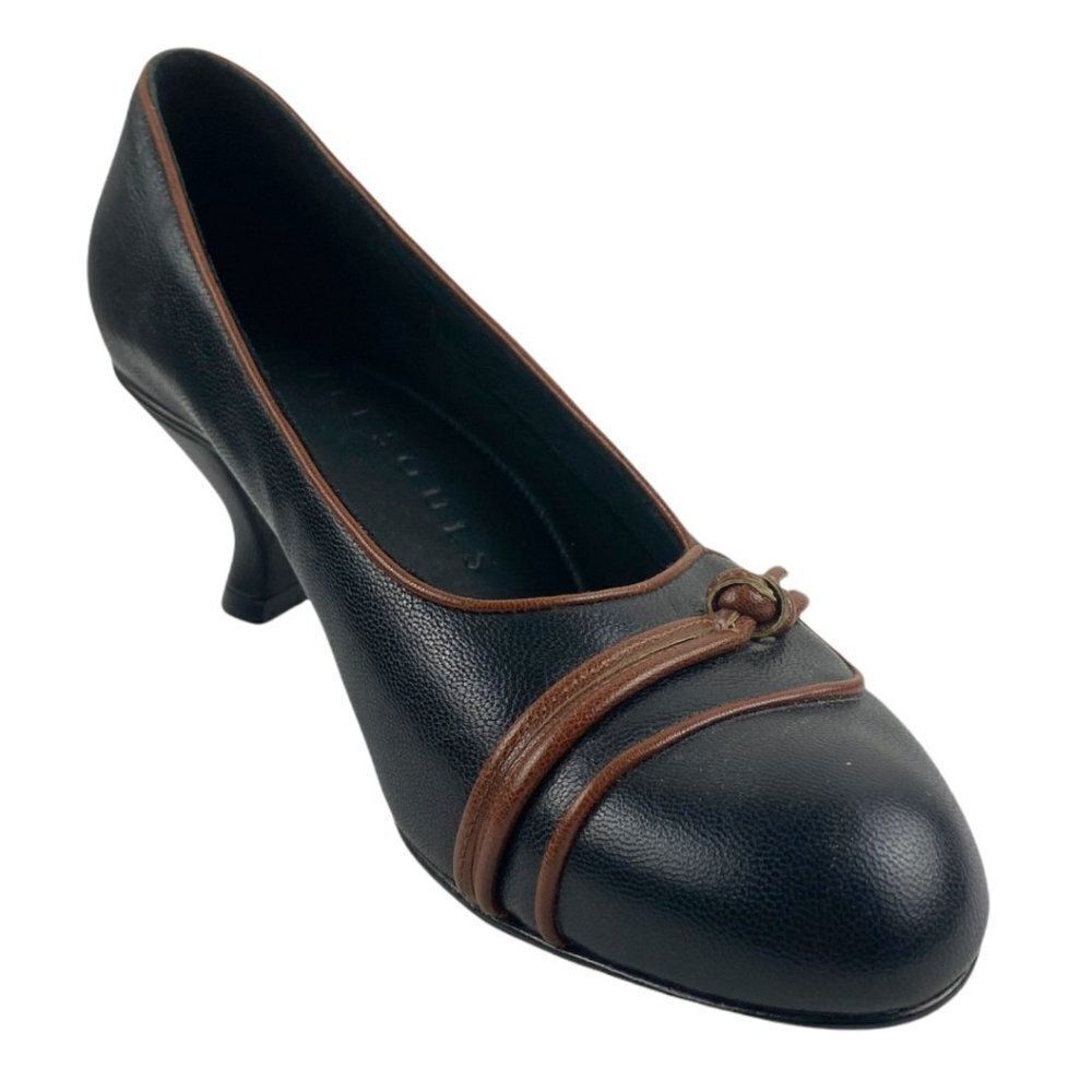 Gentle Souls Women's Black Leather Pumps Heels with Brown Piping EU 38